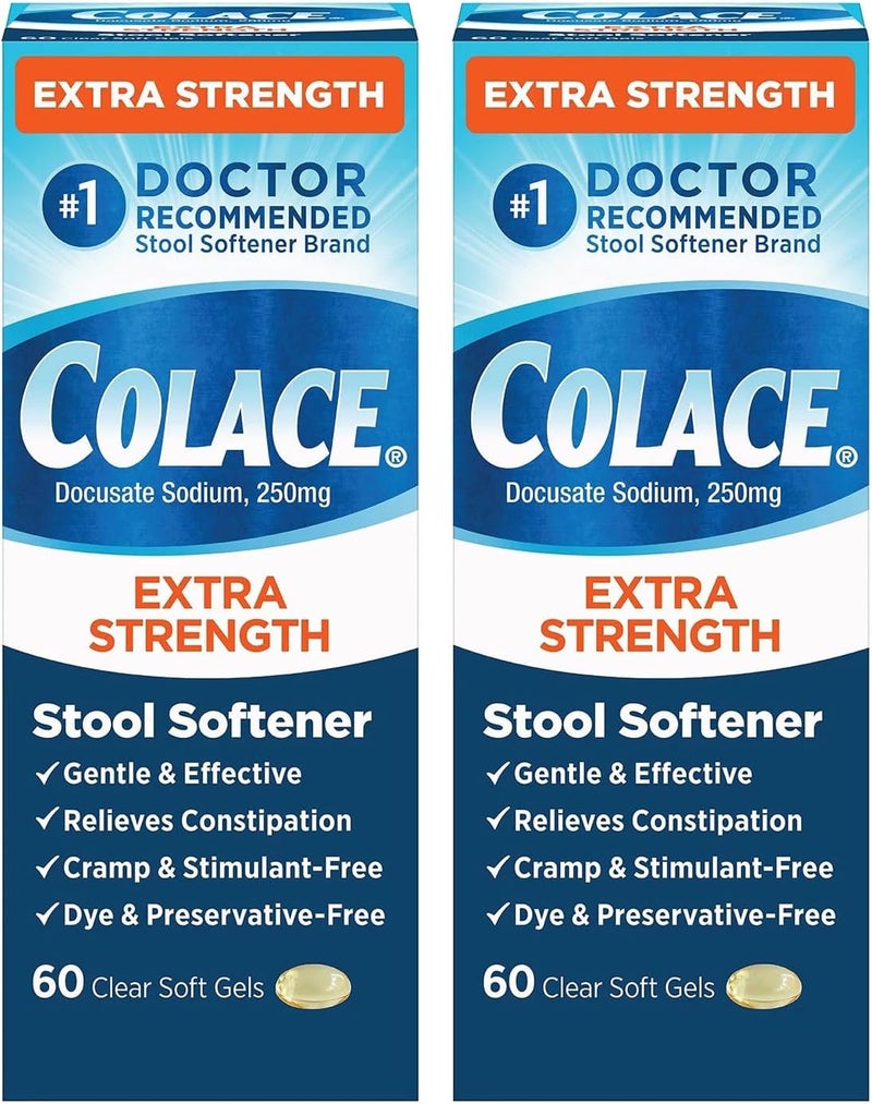 COLACE Extra Strength Stool Softener for Gentle Effective Constipation Relief, #1 Doctor Recommended Stool Softener Brand, 250 mg Docusate Capsules, 60 Count (Pack of 2) - Image 1